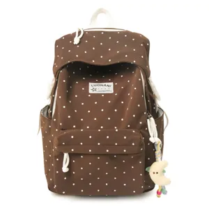 Brauner Rucksack mit weißen Punkten für Mädchen, süße Freizeittasche mit Vordertasche.