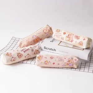 Cute Capybara Cartoon Pencil Case For Primary School Students Canvas Octagonal Stationery Bag Portable High Beauty Pen Pouch Multi-functional Desk Organizer