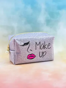 Glitter cosmetic bag with makeup print, stylish portable storage pouch for women and girls.