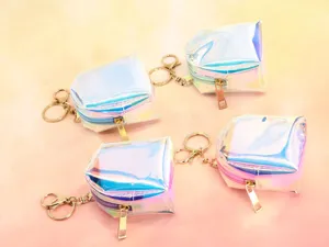 Close up detail of holographic iridescent coin purse keychain with metallic zipper.