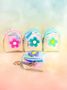 Holographic mini backpack keychain coin purse with cute silicone flower detail for girls.