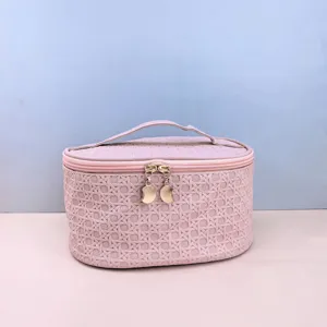 Pink PU leather large cosmetic bag portable travel storage makeup case waterproof toiletry bag