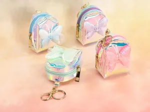 Holographic mini backpack keychain with mesh butterfly bow, cute coin purse detailed view.