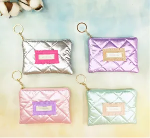 Quilted metallic coin purse set with key ring and ruffles, colorful mini wallet pouch for women