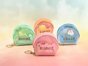 Macaron color mini semi-circular coin purse PVC keychain bag detail view showing cute cloud pocket and chain.