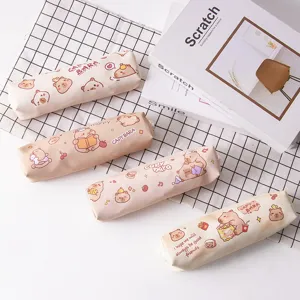 Cute cartoon Capybara PU pencil case, high aesthetic stationery storage bag for students.