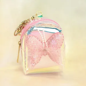 Iridescent mini backpack coin purse pink glitter butterfly keychain accessory variant.