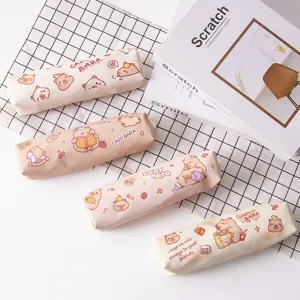 Cute capybara print pencil case, aesthetic canvas school stationery storage bag for students.