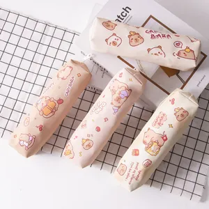 Cute capybara print PU pencil case set, stylish octagonal stationery pouch for students.
