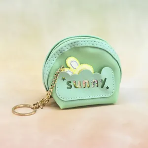 Mini mint green PVC coin purse detail, cute keychain pendant with gold chain and sunny cutout.