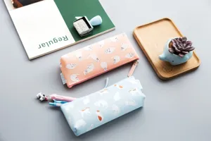 Cute cat silicone pencil case, creative stationery storage bag for students and kids detail view.