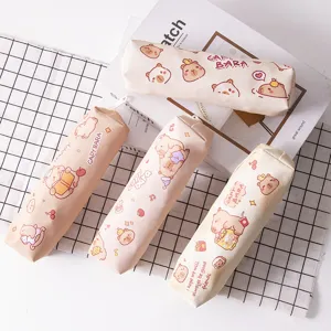 Cute capybara print cylindrical pencil case, high quality PU stationery pouch for students.