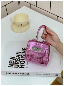 Mini metallic pink crocodile pattern handbag stylish fashion women shoulder crossbody bag