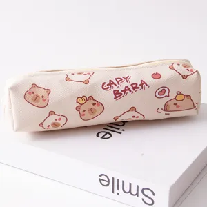 Cute cartoon capybara pencil case for school students, stylish PU stationery pouch, beige.