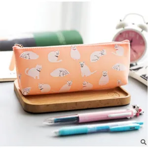 Cute silicone pencil case with adorable cat print, pastel pink stationery storage bag.