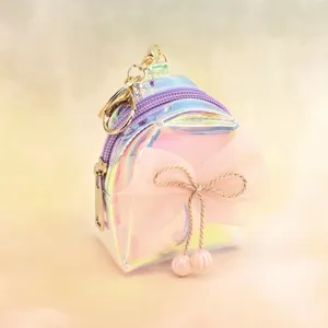 Holographic mini backpack keychain with mesh bow and cute pearl pendant for stylish accessories