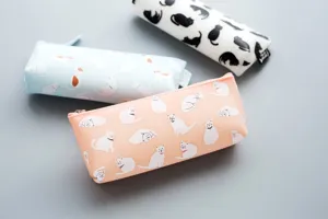 Cute cat print silicone pencil case detail, soft touch stationery storage bag, multi-color.