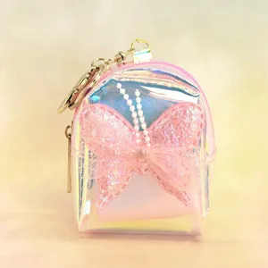 Close-up detail of the holographic mini backpack coin purse with cute sparkling butterfly bow.