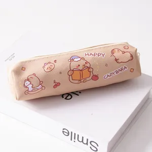 Cute capybara PU pencil pouch detail view, high capacity stationery storage bag for students.
