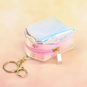 Holographic transparent mini backpack coin purse with gold keychain fashionable cute TPU bag charm.