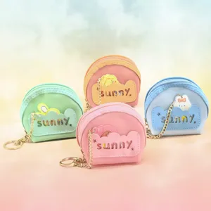 Cute mini round coin purse with keychain chain, pastel PVC wallet for women and girls.