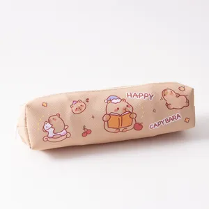 Cute cartoon capybara pencil case aesthetic beige stationery pouch for students daily use.