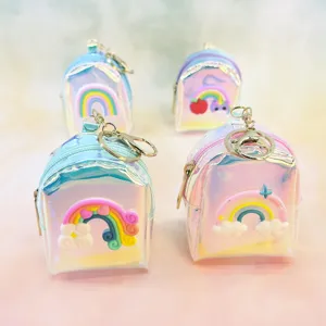 Mini holographic rainbow backpack coin purse cute clear keychain earphone storage bag detail