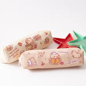 Cute cartoon capybara PU pencil case for students stationery storage bag detail view