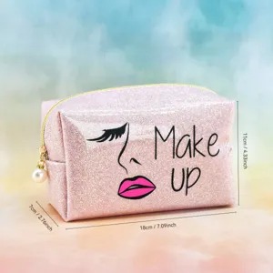 Pink glitter makeup bag with chic face print, portable cosmetic zipper pouch with pearl.