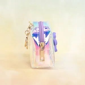 Side view details of holographic clear coin purse with purple zipper and flower charm.