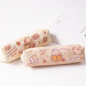 Cute Capybara PU pencil case detail, aesthetic stationery pouch for students and office use.