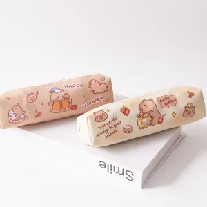 Cute capybara PU pencil case for students, stylish octagonal stationery bag with animal prints.