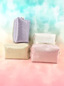 Glitter sequin cosmetic bag for women, cute portable makeup storage pouch with pearl zipper.