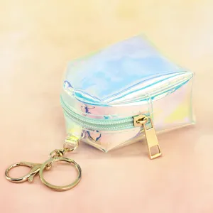 Holographic transparent TPU coin purse with gold keychain, cute mini hanging bag detail.
