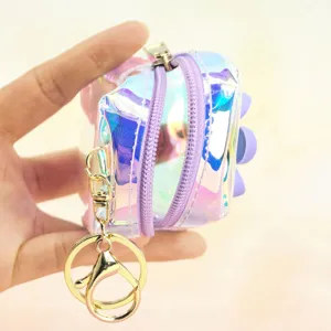 Close-up of holographic clear coin purse with purple zipper and gold keychain detail.