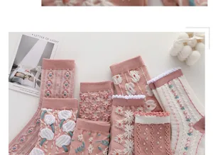 Cute pink and white floral knitted mid-calf socks, sweet Japanese style cozy warm hosiery.
