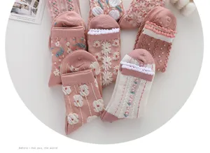 Pink floral embroidered mid-calf socks sweet vintage cute thick winter warm hosiery