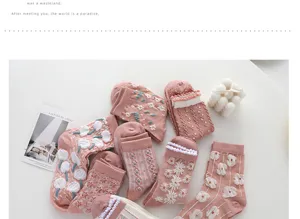 Detailed view of cute pink knit socks featuring textured 3d floral embroidery and cozy thick fabric.