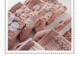 Cozy pink women mid-calf socks with 3D floral embroidery, cute vintage style thick winter warm hosiery.