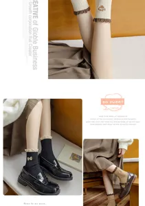Cute Japanese retro women mid-calf socks with sweet lace trim and bear paw embroidery for winter.