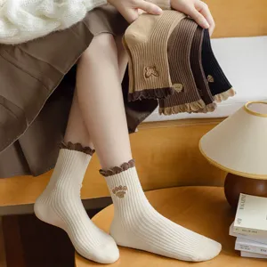 Cute Japanese retro mid-calf socks with sweet lace trim and adorable puppy embroidery for women.
