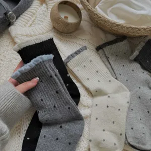 Women fall winter mid-calf cotton socks cute polka dot frilly cuffs vintage casual cozy hosiery