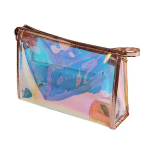 Clear Holographic Cosmetic Bag Waterproof PVC Makeup Pouch with Rose Gold Trim Portable