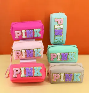 Multi-color PU leather cosmetic pouch set with glitter chenille PINK letter patches for travel.