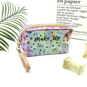 Holographic PVC cosmetic bag with stars pattern, large capacity zipper makeup storage pouch.