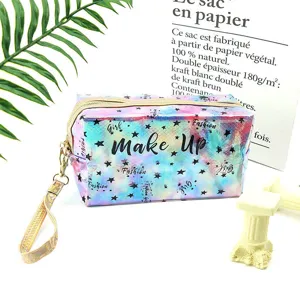 Holographic PVC makeup bag with star print, large capacity waterproof cosmetic storage pouch.