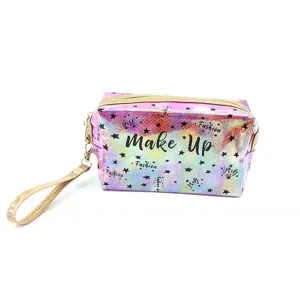 Holographic makeup bag with wrist strap, large capacity waterproof cosmetic pouch for women and girls.