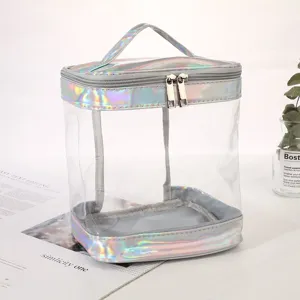 Borsa cosmetica olografica trasparente, custodia da viaggio portatile per trucchi con doppia cerniera.