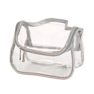 Borsa cosmetica trasparente in PVC con bordo argentato olografico, pochette da viaggio.