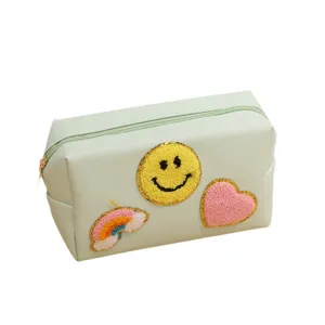 Mint Green Chenille Smiley Face Cosmetic Bag Cute Makeup Pouch Toiletry Storage Bag